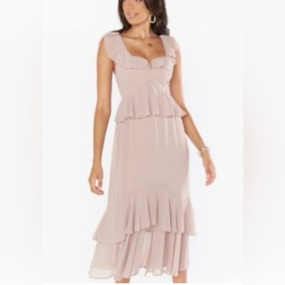 Show me your Mumu Wedding Reese Ruffle Dress Soft Beige Chiffon L NWT